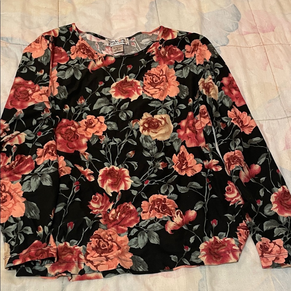 Studio Works Black Long-Sleeve Floral Top with Peach and Coral Roses